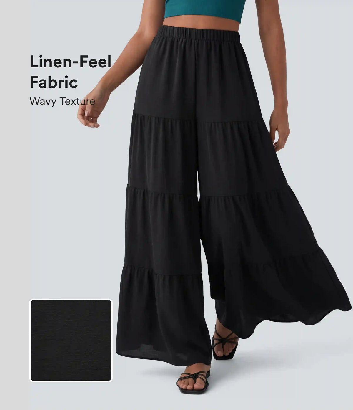 High Waisted Wide Leg Flowy Linen-Feel Pants with Pockets