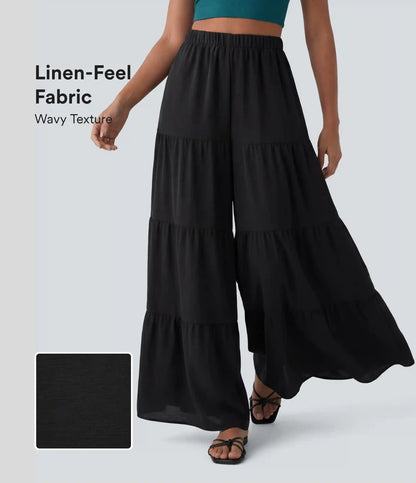High Waisted Wide Leg Flowy Linen-Feel Pants with Pockets