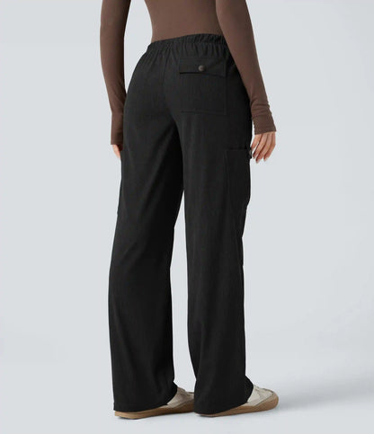 Mid Rise Drawstring Corduroy Casual Straight Leg Cargo Pants with Pockets