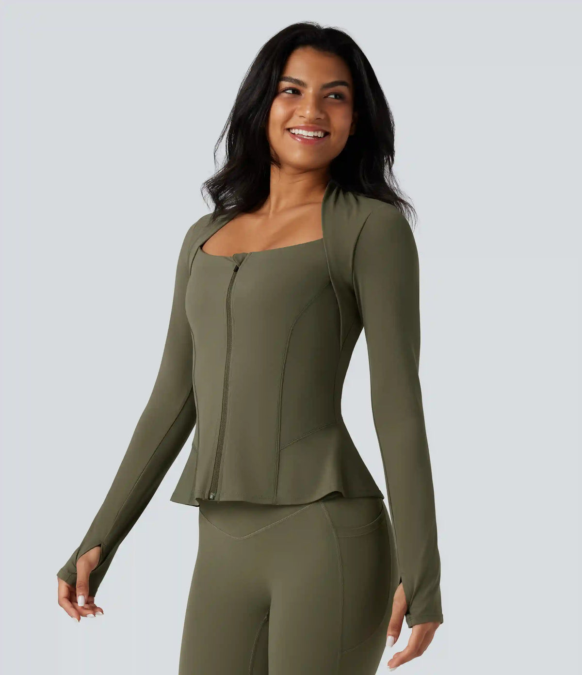 Halara UltraSculpt™ Push-Up Long Sleeve Thumb Hole Zipper Ruffle Hem Yoga Curvy Jacket