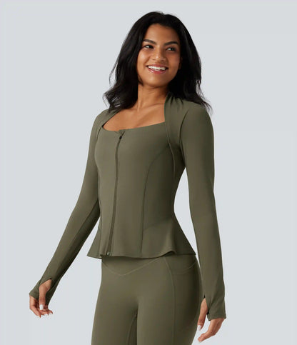 Halara UltraSculpt™ Push-Up Long Sleeve Thumb Hole Zipper Ruffle Hem Yoga Curvy Jacket