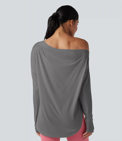 One Shoulder Long Sleeve Thumb Hole Curved Hem High Low Quick Dry Yoga Sports Top-Built-in Bra