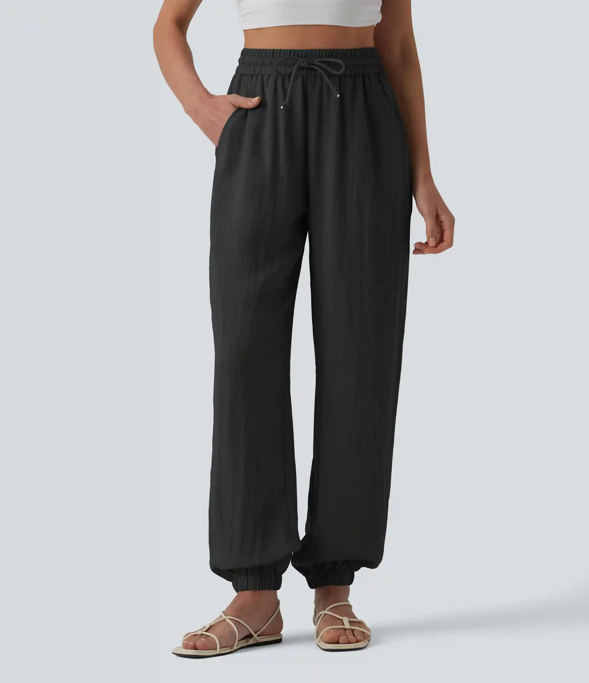 High Waisted Drawstring Wide Leg Casual Linen-Feel Joggers with Pockets