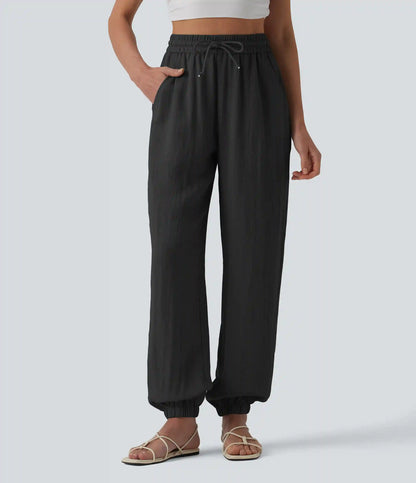 High Waisted Drawstring Wide Leg Casual Linen-Feel Joggers with Pockets