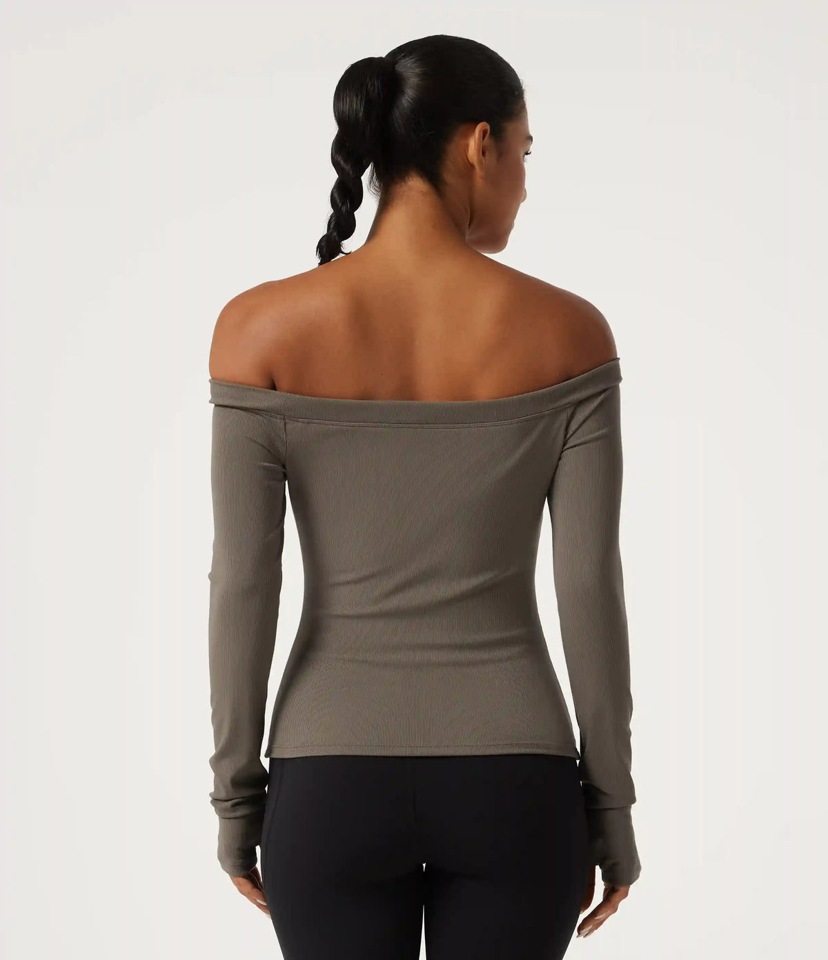 Ribbed Knit Off Shoulder Long Sleeve Thumb Hole Built-in Bra Yoga Sports Top