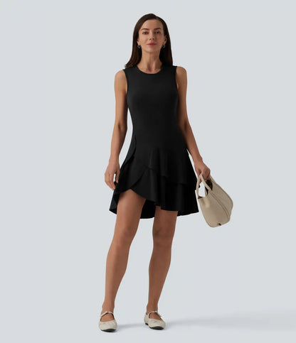 SoftlyZero™ Airy Round Neck Sleeveless Layered Ruffle Hem InstantCool Mini Casual Dress