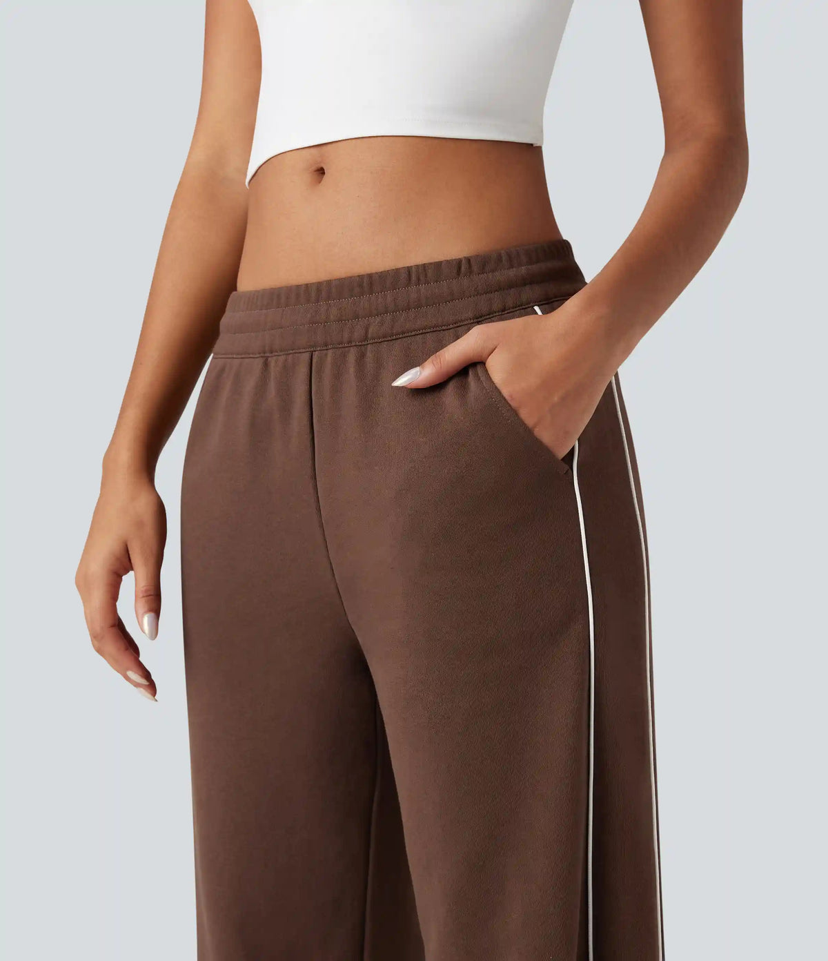 Mid Rise Drawstring Straight Leg Color Block Casual Cotton Pants with Pockets