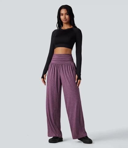 High Waisted Ruched Heathered Yoga Baggy Pants with Pockets