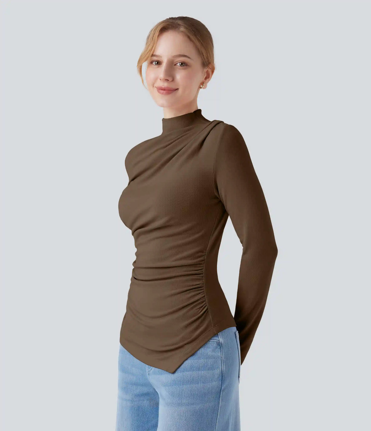 Mock-neck Long Sleeve Ruched Asymmetric Hem Thermal Casual Top