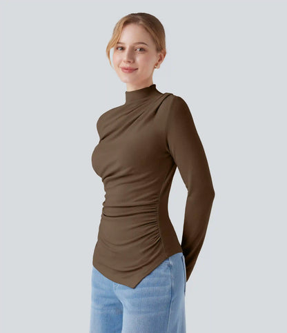Mock-neck Long Sleeve Ruched Asymmetric Hem Thermal Casual Top