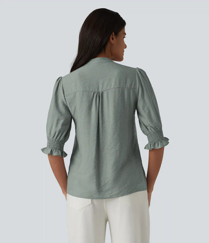 V Neck Puff Short Sleeve Casual Blouse
