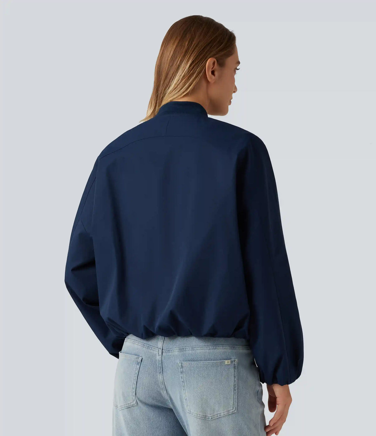 Round Neck Long Sleeve Casual Bomber Jacket with Pockets