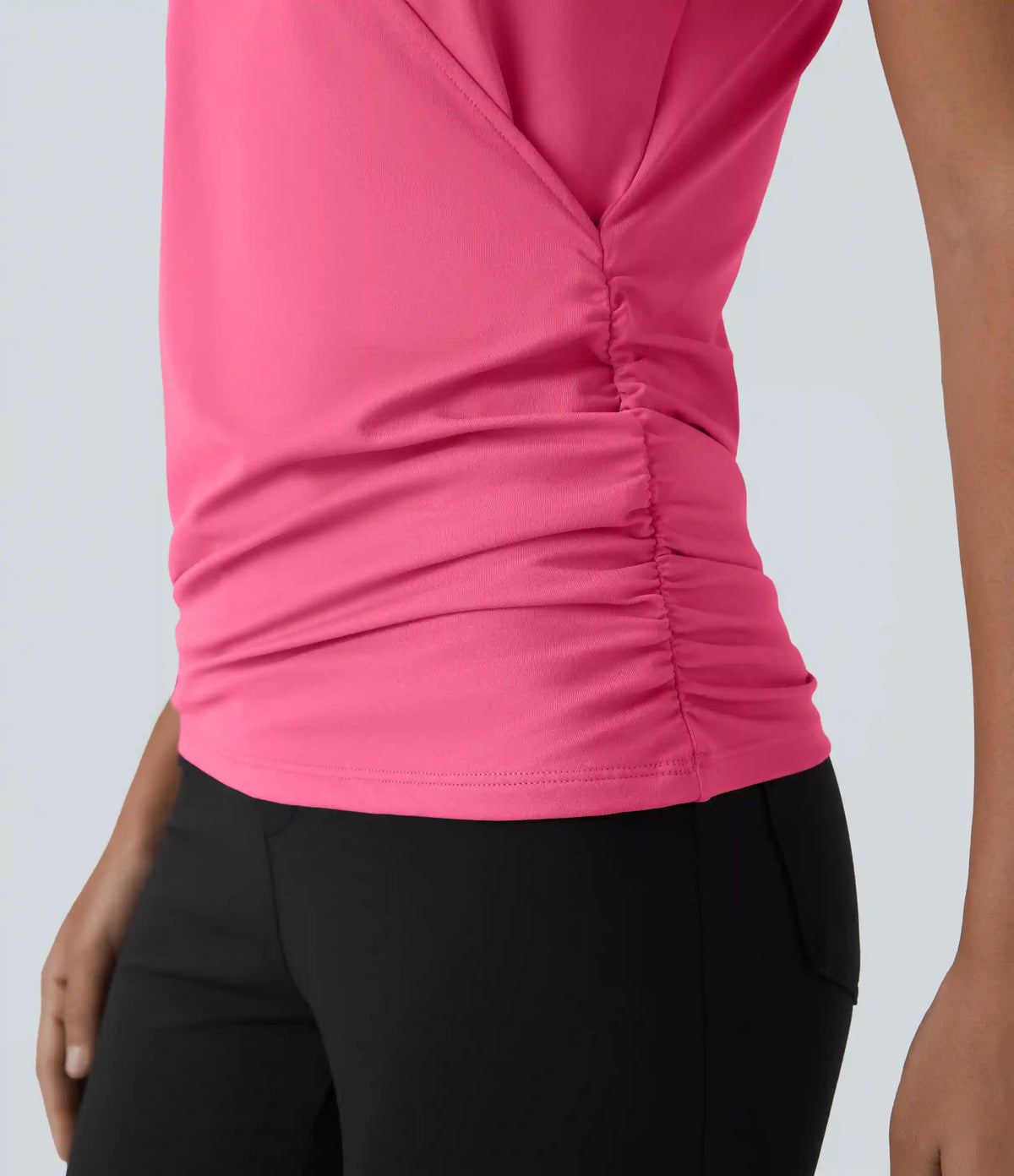 V Neck Cap Sleeve Crossover Ruched Solid Work Blouse