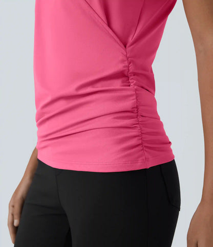 V Neck Cap Sleeve Crossover Ruched Solid Work Blouse