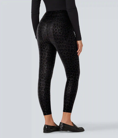 High Waisted Stretchy PU Leopard Print Fleece Casual Leggings with Pockets