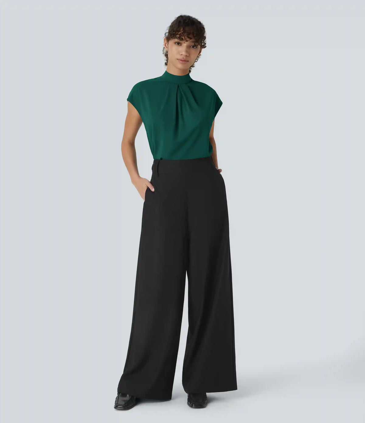 Stand Collar Back Cap Sleeve Work Blouse