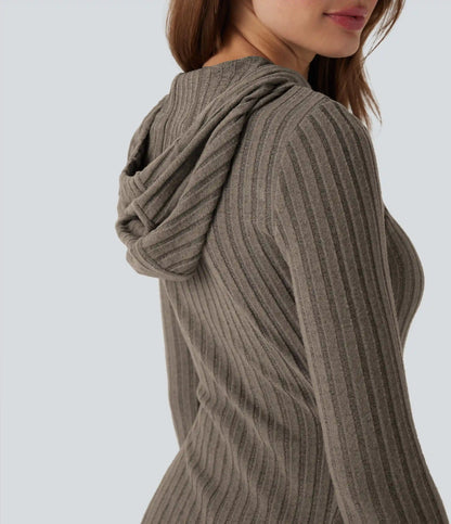 Ribbed Knit Hooded Drawstring Long Sleeve Mini Casual Dress