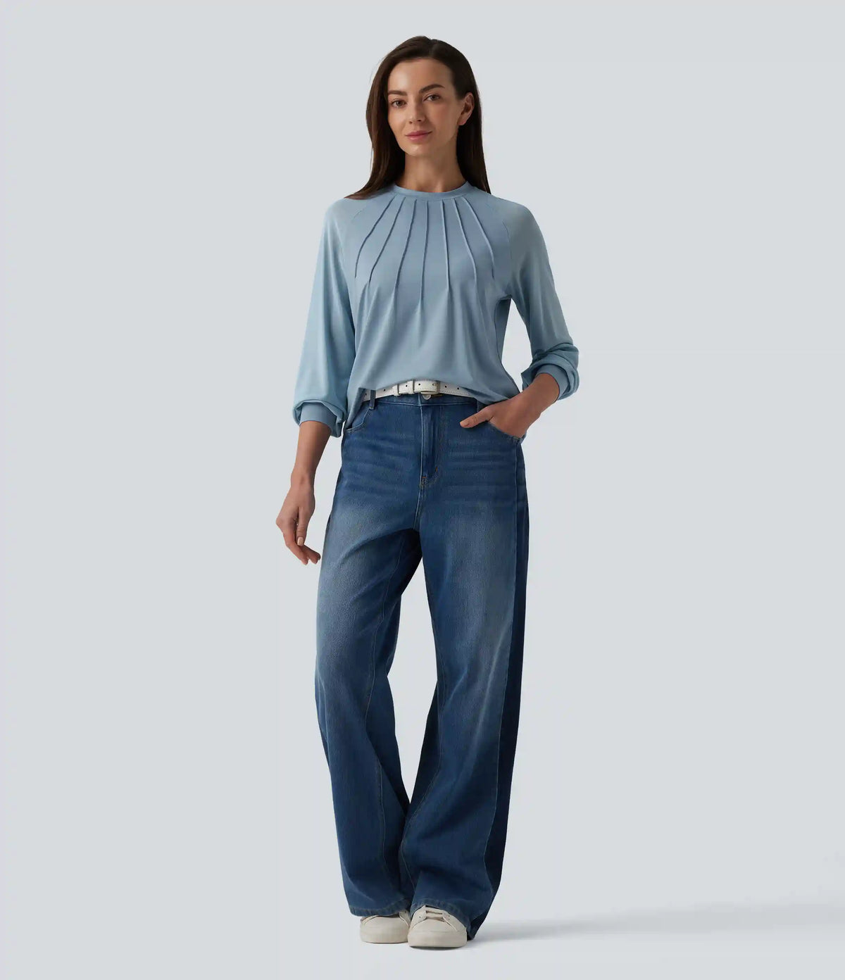 Round Neck Raglan Long Sleeve Contrast Mesh Casual Blouse