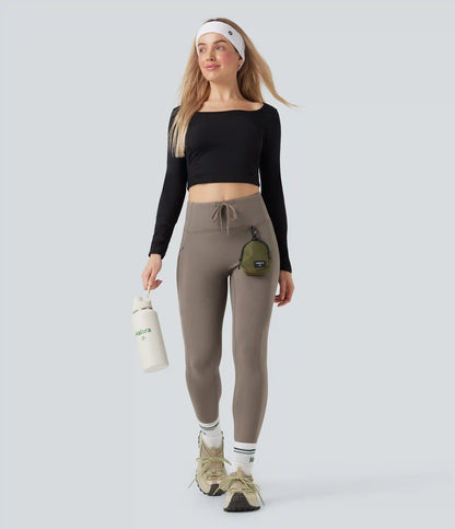 High Waisted Drawstring Fleece 7/8 Hiking Leggings with Pocket