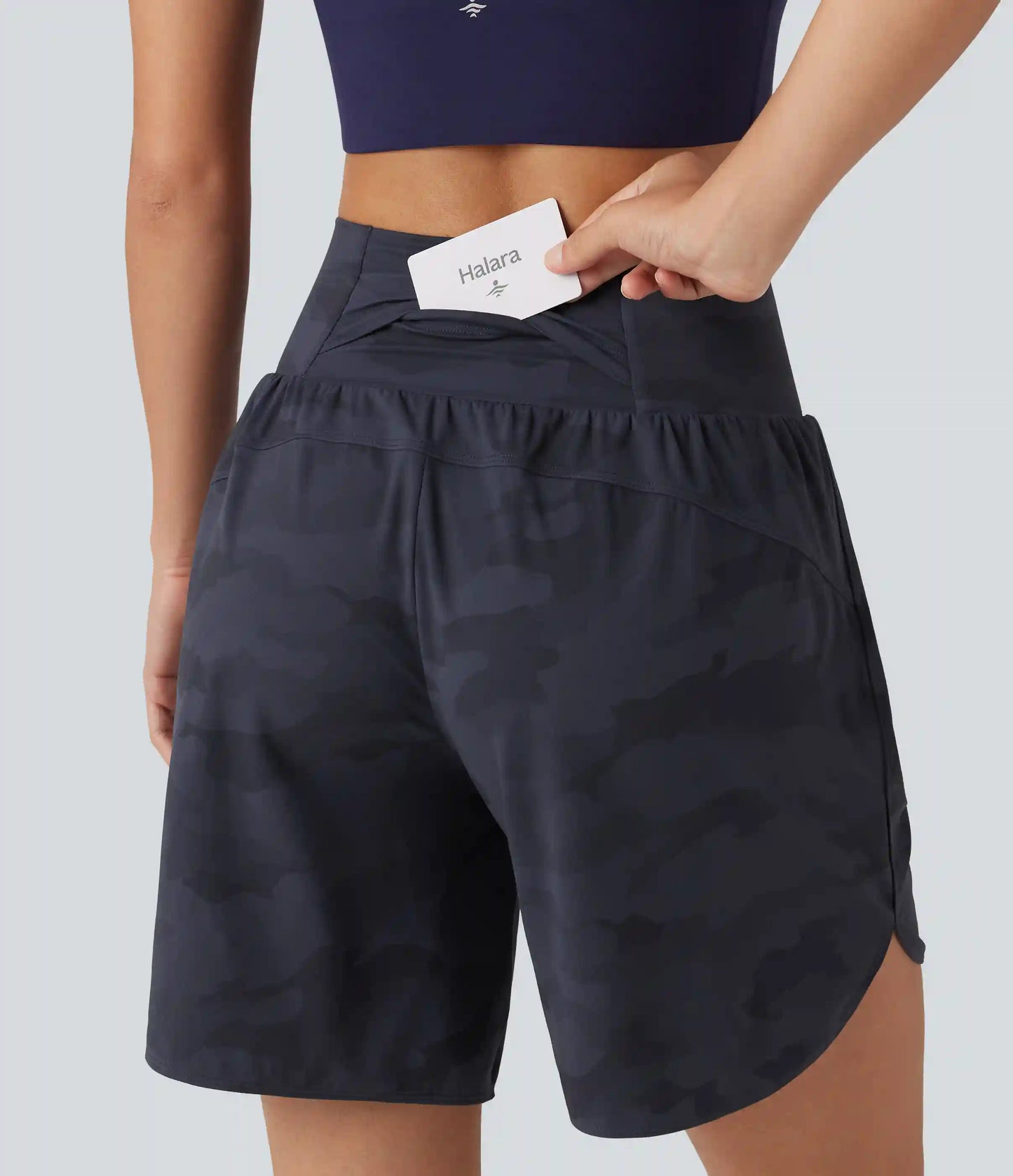 Halara UltraSculpt™ Camo Print High Waisted Tummy Control Curved Hem Running Shorts 7" with Pocket