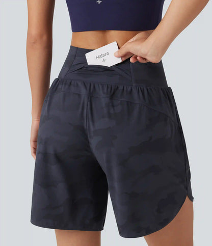 Halara UltraSculpt™ Camo Print High Waisted Tummy Control Curved Hem Running Shorts 7" with Pocket