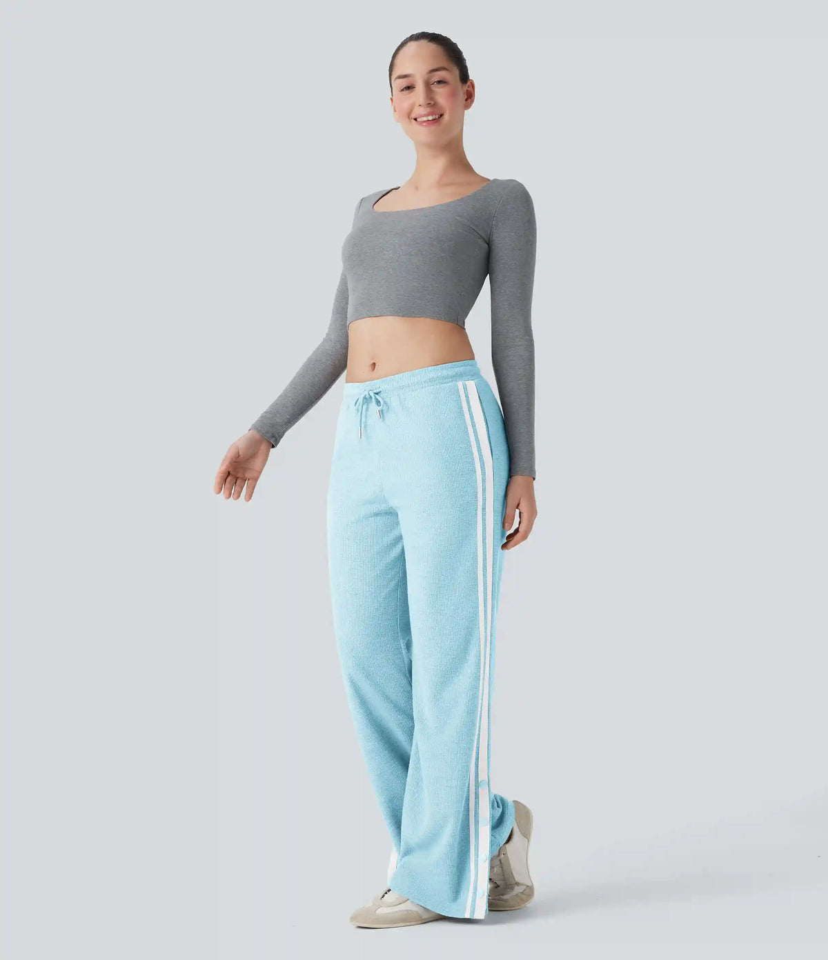 Low Rise Drawstring Color Block Snap Waffle Casual Wide Leg Pants with Pockets