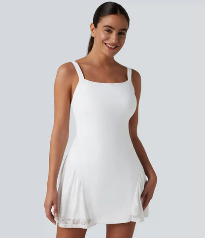SoftlyZero™ Airy Crisscross Back Contrast Lace Built-in Bra InstantCool Tennis Active Dress with Pockets-Easy Peezy
