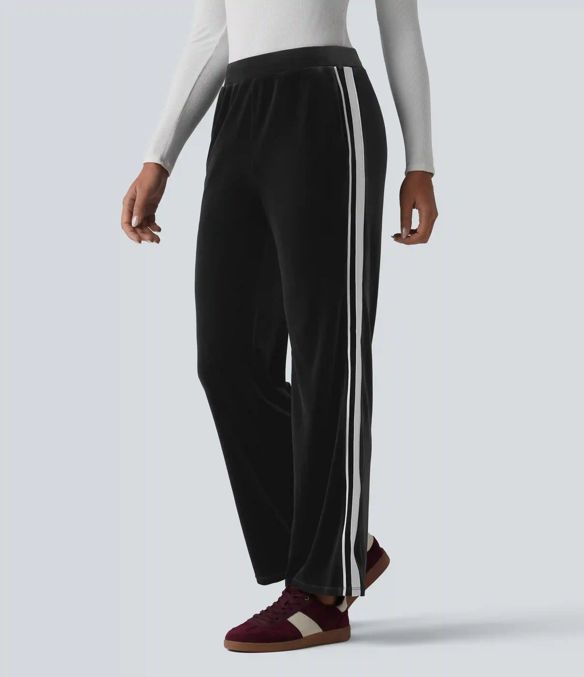 Low Rise Color Block Stripes Velvet Casual Flare Pants with Pockets