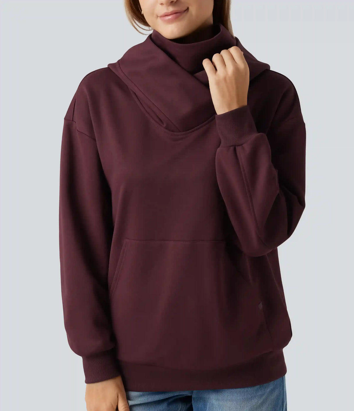 Hooded Crossover Dropped Long Sleeve Fleece Casual Sweatshirt with Pocket