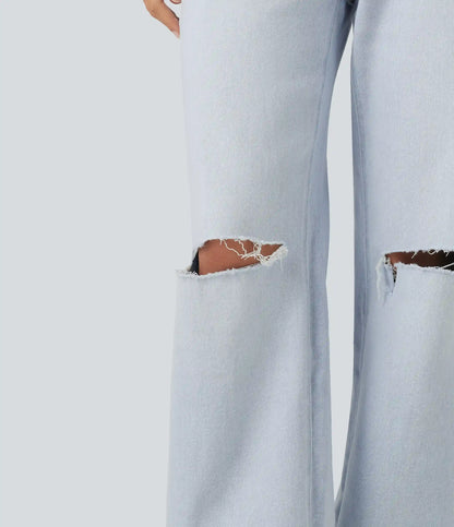 High Waisted Ripped Straight Leg Casual Jeans with Pockets