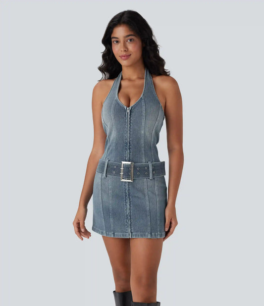Halara Flex™ Halter Zipper Belted Bodycon Mini Washed Denim Casual Dress