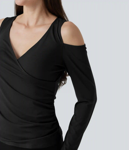 V Neck Long Sleeve Crossover Ruched Casual Top