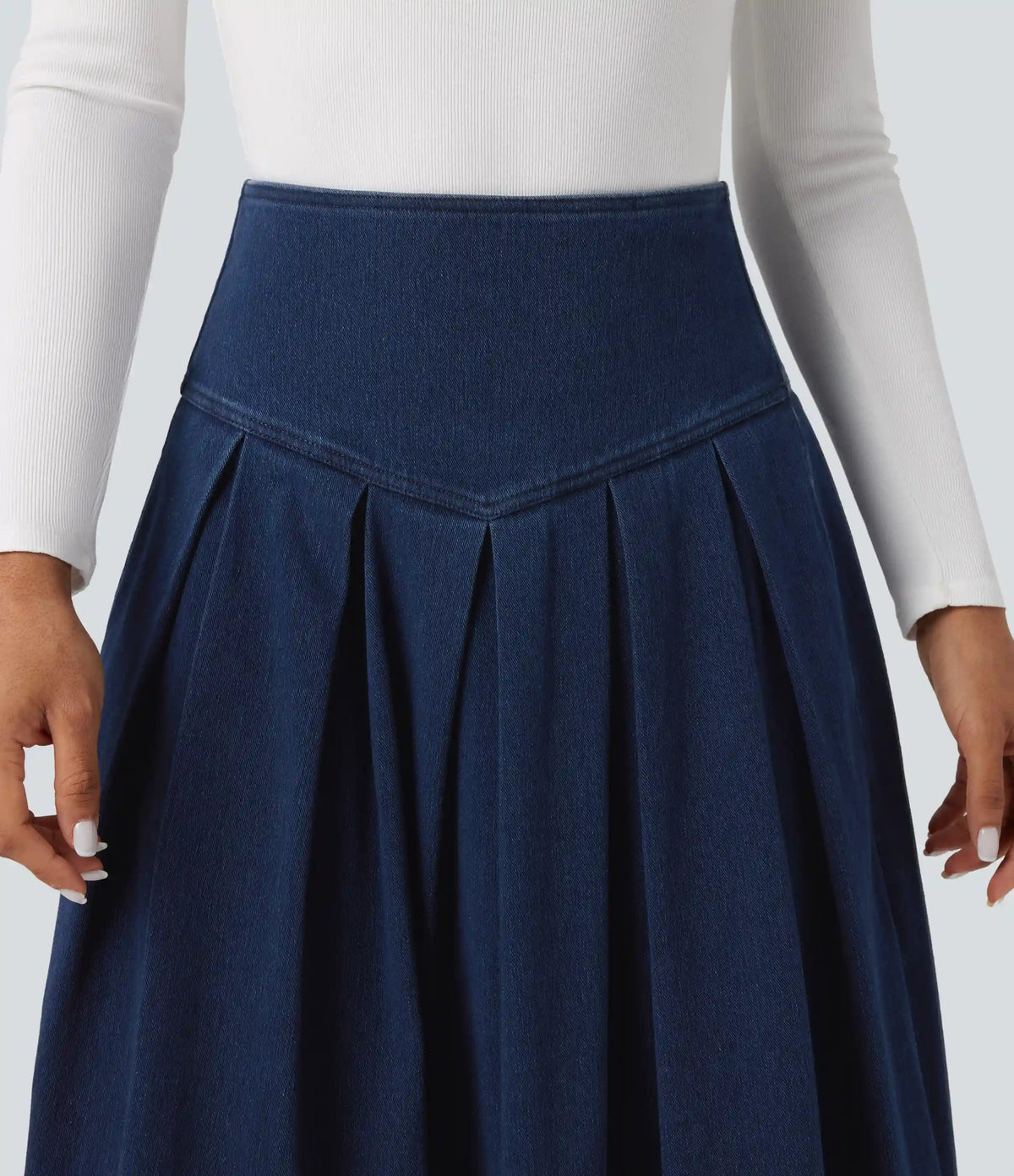 Halara Flex™ High Waisted Tummy Control Pleated Midi Casual Denim Skirt with Pockets