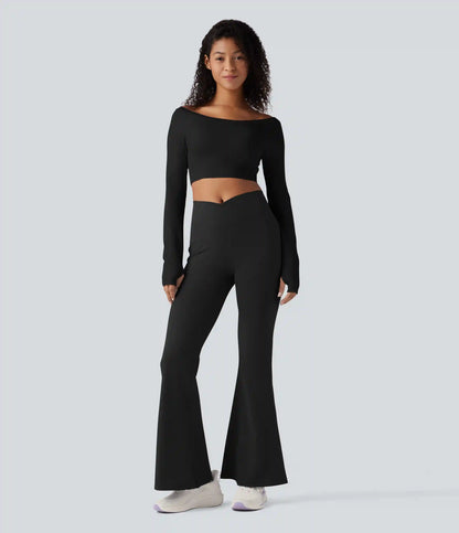 Seamless Flow Off-shoulder Long Sleeve Thumb Holes Cropped Yoga Sports Top