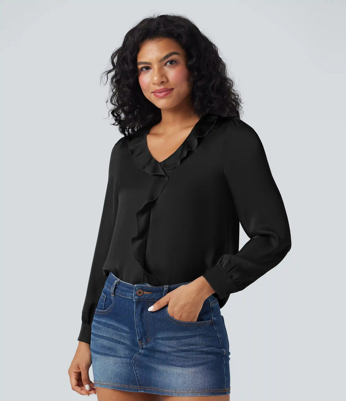 Ruffle Trim V-neck Long Sleeve Casual Satin Shirt