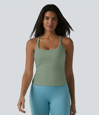 Scoop Neck Crisscross Back Crossover Hem Built-in Bra Yoga Cami Top DD-F Cups
