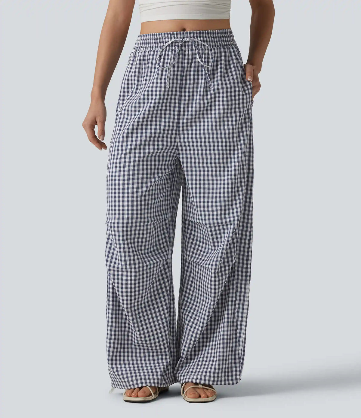 Mid Rise Drawstring Baggy Gingham Casual Pants with Pockets