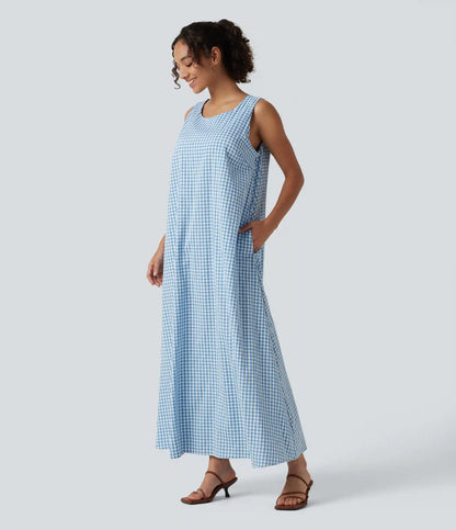 Round Neck Sleeveless Midi Crinkle Gingham Casual Tank Dress with Pockets DD-F Cups