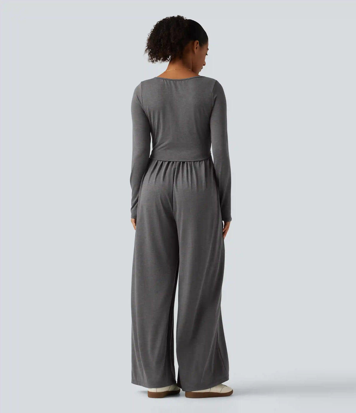 Scoop Neck Long Sleeve Built-in Bra Wide Leg Ruched Casual Jumpsuit with Pockets-Easy Peezy Edition