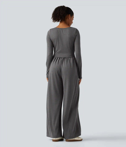 Scoop Neck Long Sleeve Built-in Bra Wide Leg Ruched Casual Jumpsuit with Pockets-Easy Peezy Edition