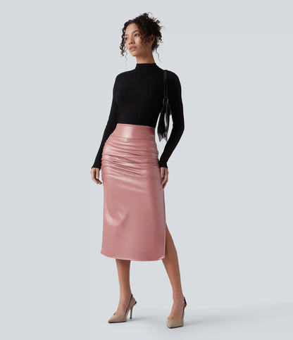 High Waisted Tummy Control Ruched Curved Hem 2-in-1 Fleece PU Midi Casual Skirt