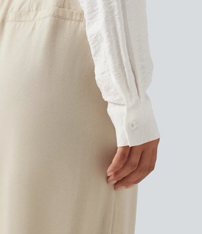 V Neck Contrast Lace Long Sleeve Work Shirt with Pocket