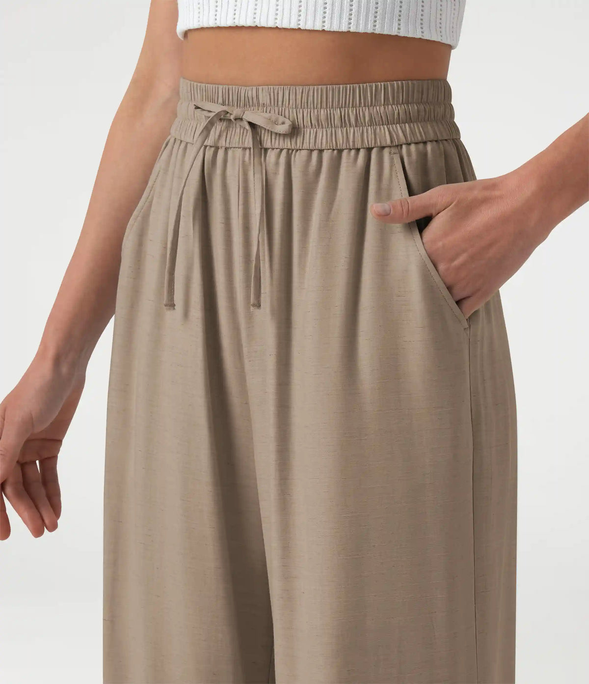 High Waisted Drawstring Wide Leg Casual Linen-Blend Pants with Pockets