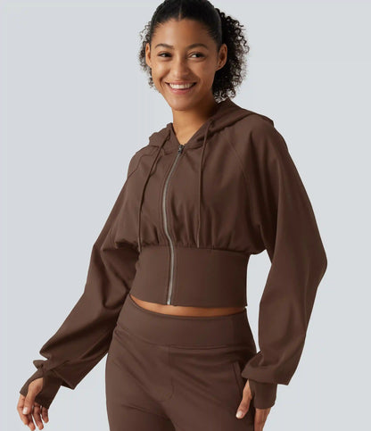 Hooded Raglan Sleeve Cropped Yoga Jacket with Hidden Pocket and Thumb Holes