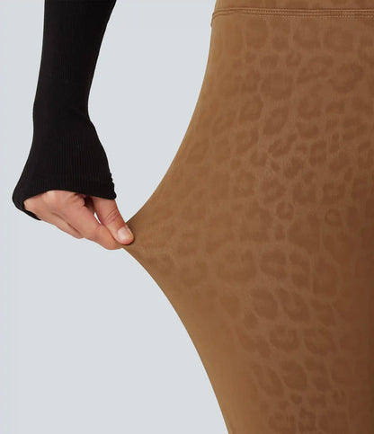 High Waisted Tummy Control Stretchy PU Leopard Print Fleece Casual Leggings with Pockets