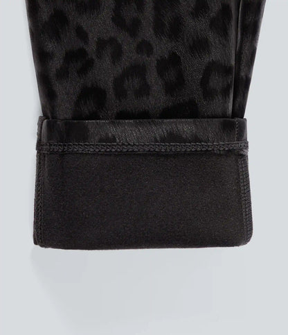 High Waisted Tummy Control Stretchy PU Leopard Print Fleece Casual Leggings with Pockets