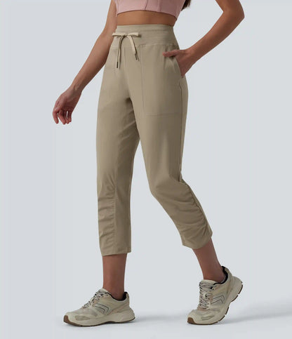 High Waisted Drawstring Ruched Running Cropped Joggers with Pockets