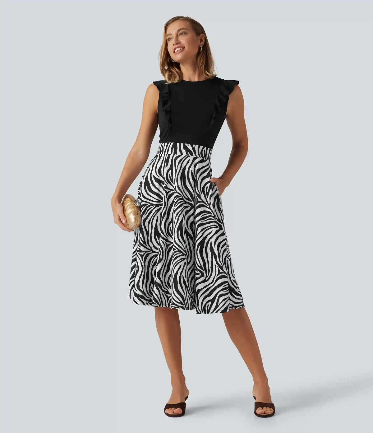 Round Neck Ruffle Sleeveless A-Line Color Block Midi Party Dress with Pockets