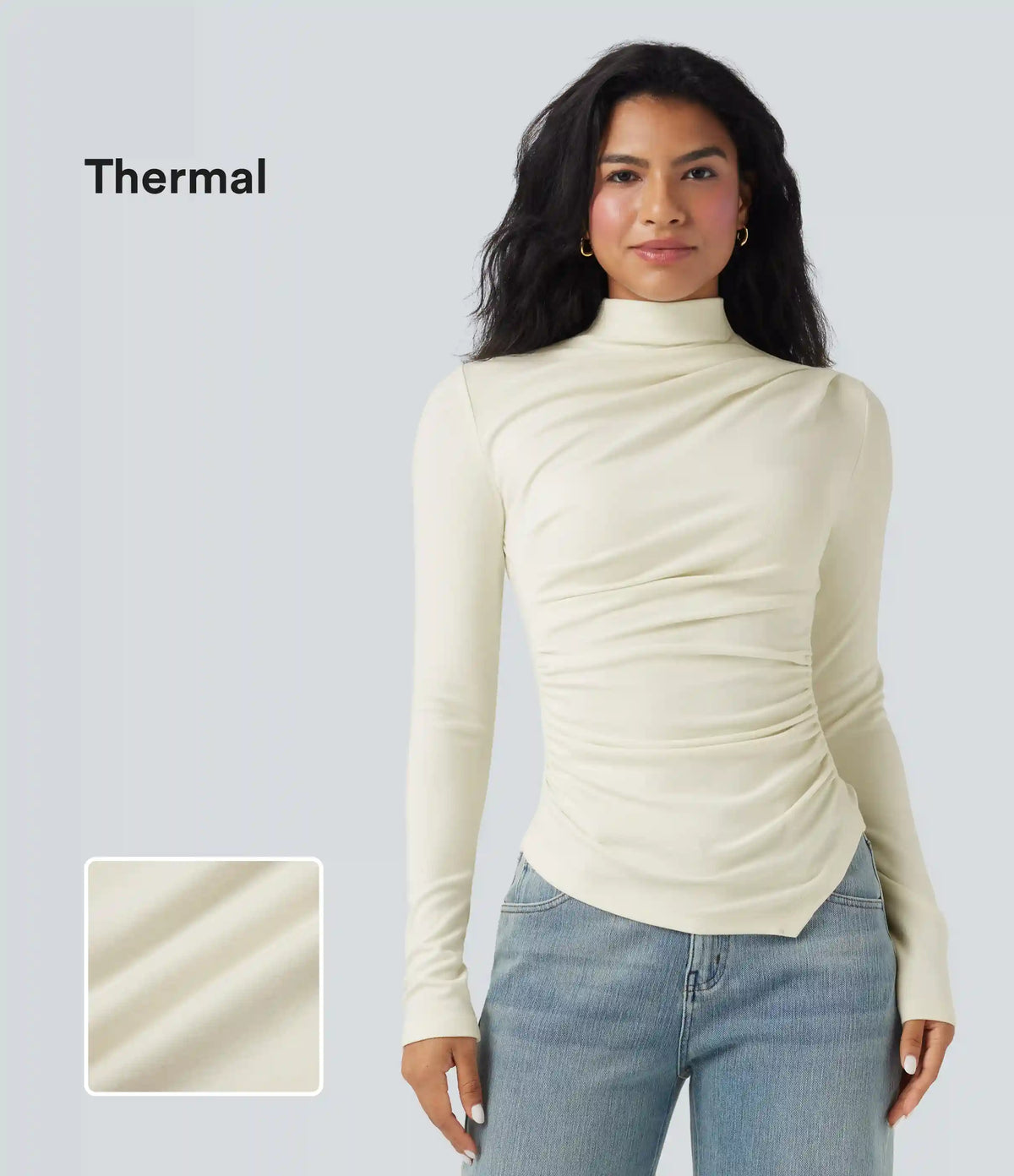 Mock-neck Long Sleeve Ruched Asymmetric Hem Thermal Casual Top