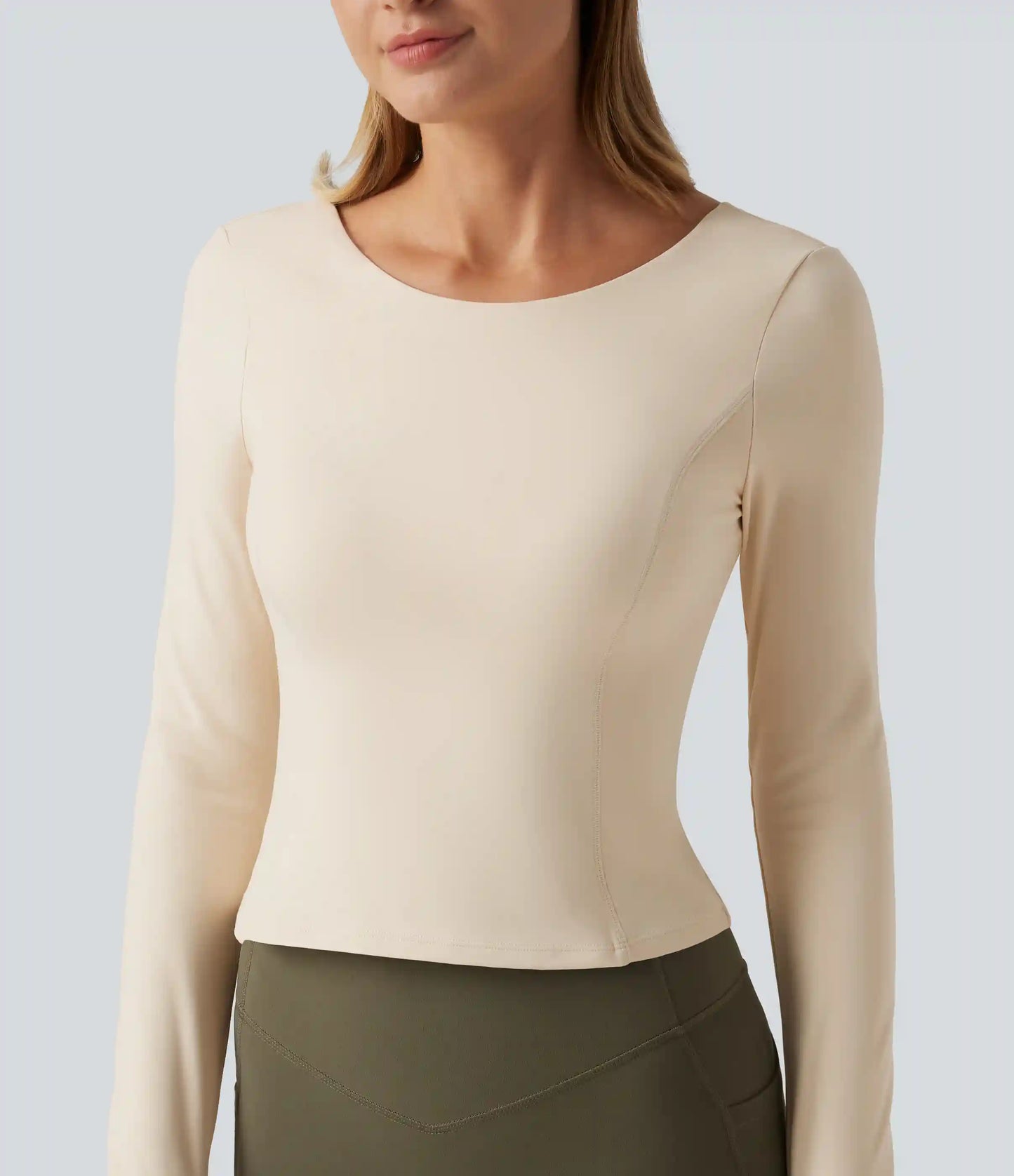 SoftlyZero™ Plush Round Neck Thumb Hole Long Sleeve Yoga Sports Top with Built-in Bra